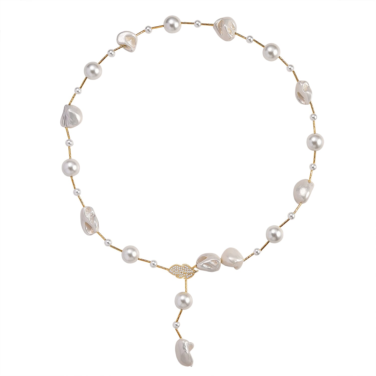 White Shell Pearl & White Cubic Zirconia Necklace (Size 27.5 Adjustable) in Yellow Gold Tone