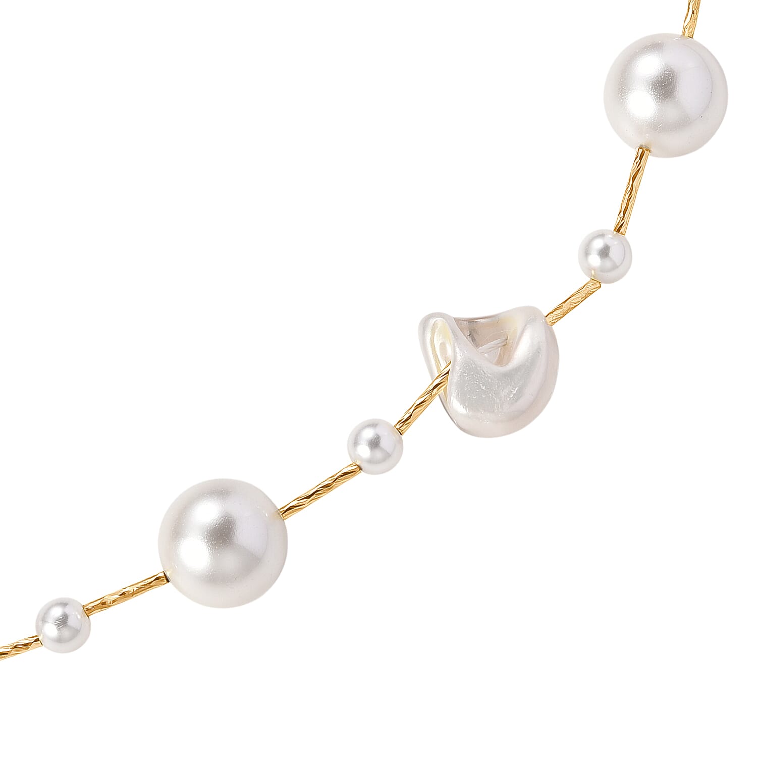 White Shell Pearl & White Cubic Zirconia Necklace (Size 27.5 Adjustable) in Yellow Gold Tone