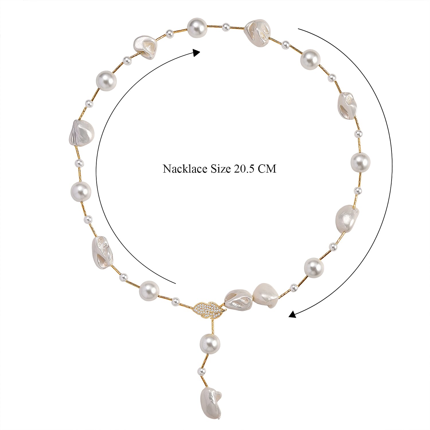 White Shell Pearl & White Cubic Zirconia Necklace (Size 27.5 Adjustable) in Yellow Gold Tone