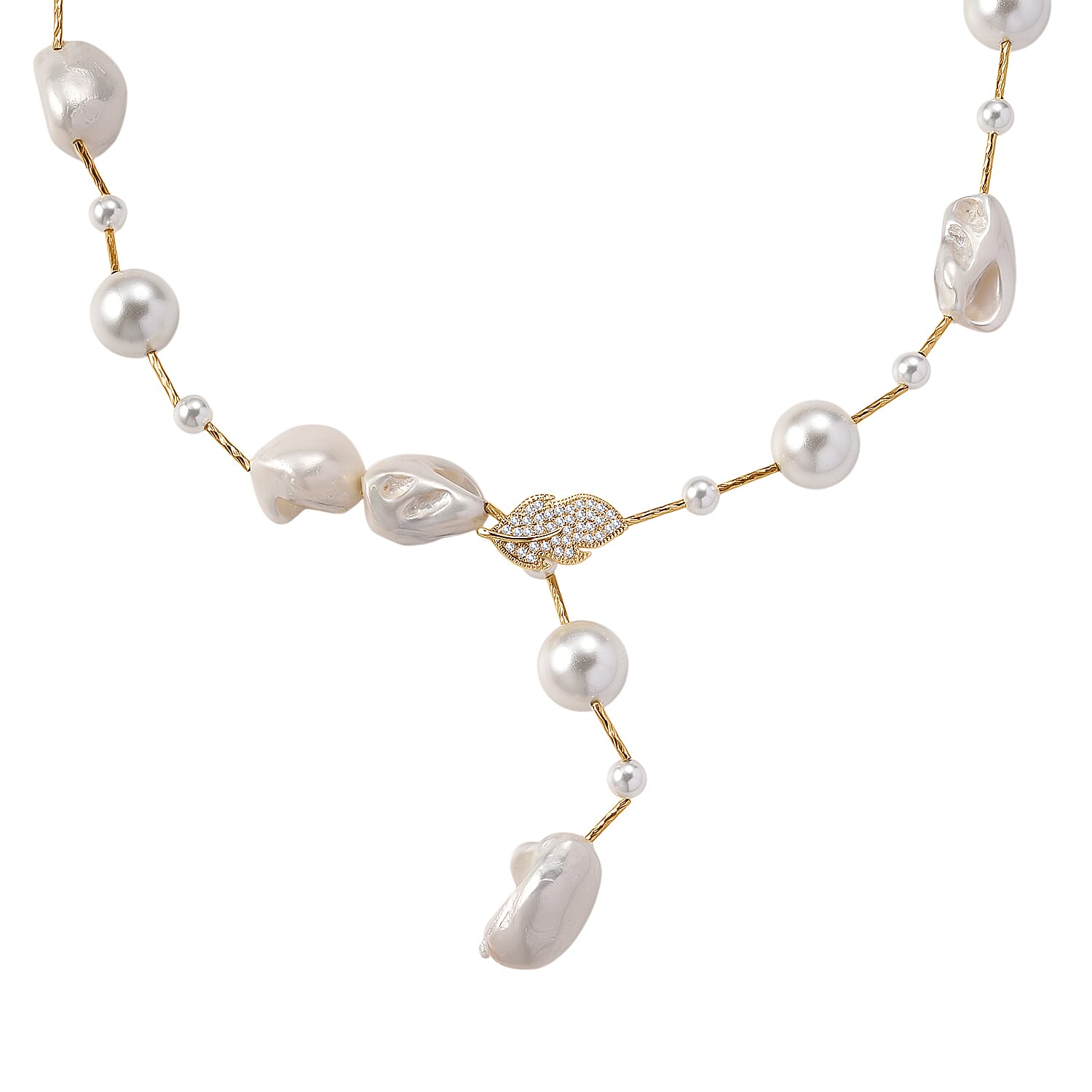 White Shell Pearl & White Cubic Zirconia Necklace (Size 27.5 Adjustable) in Yellow Gold Tone