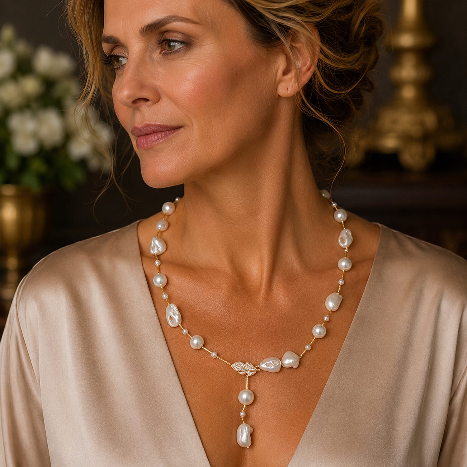 White Shell Pearl & White Cubic Zirconia Necklace (Size 27.5 Adjustable) in Yellow Gold Tone