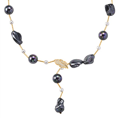 Peacock Color Shell Pearl, White Cubic Zirconia & White Shell Pearl Necklace (Size 27.5 Adjustable) in Yellow Gold Plated