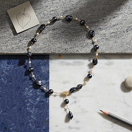 Peacock Color Shell Pearl, White Cubic Zirconia & White Shell Pearl Necklace (Size 27.5 Adjustable) in Yellow Gold Plated