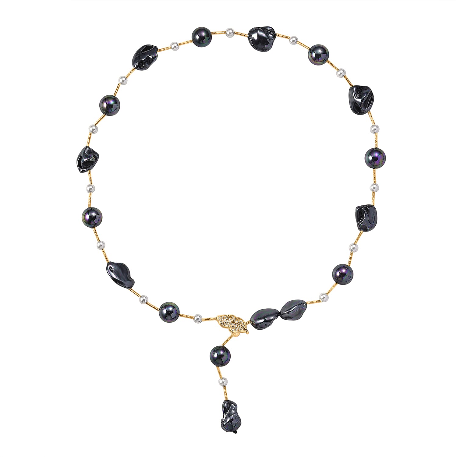 Peacock Color Shell Pearl, White Cubic Zirconia & White Shell Pearl Necklace (Size 27.5 Adjustable) in Yellow Gold Plated