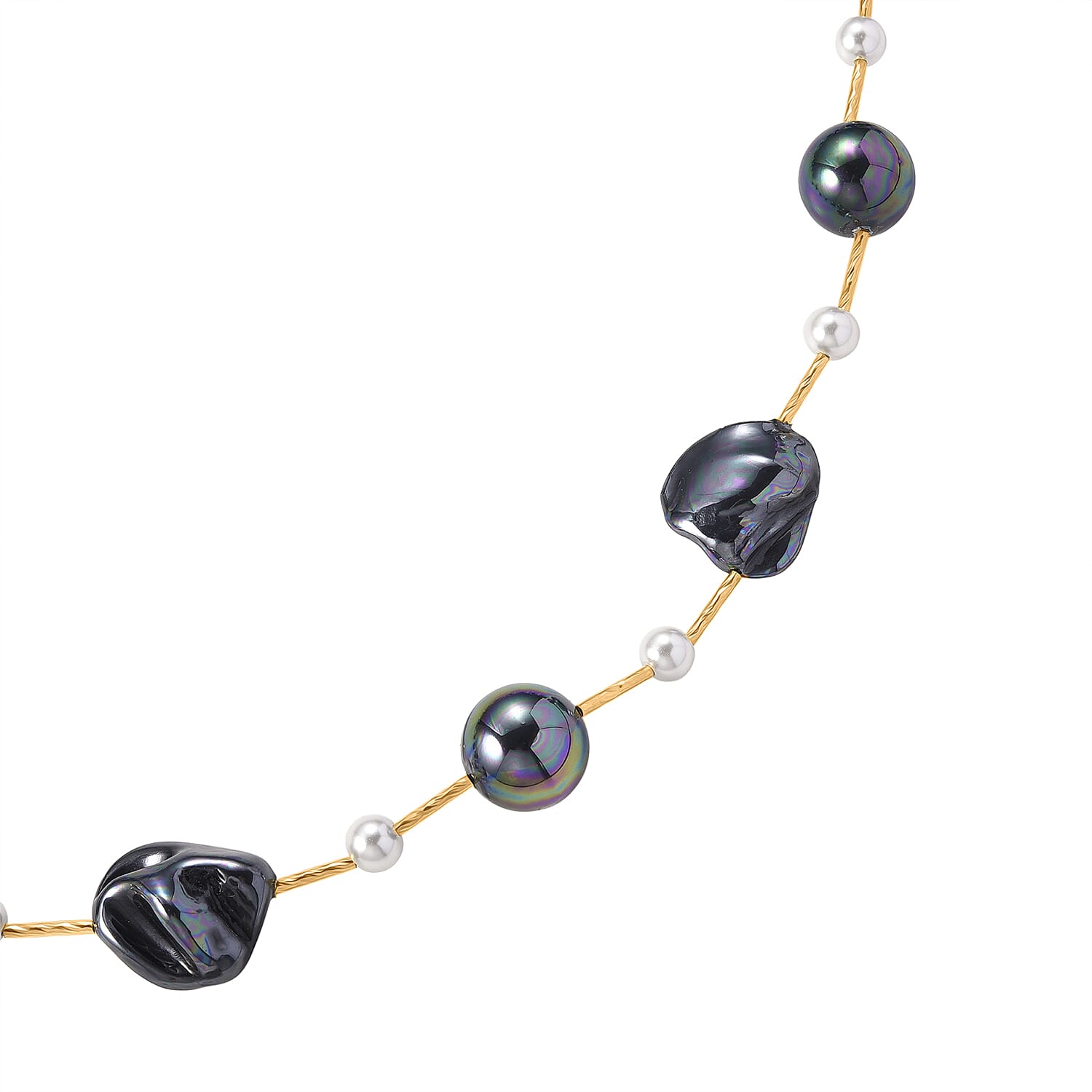 Peacock Color Shell Pearl, White Cubic Zirconia & White Shell Pearl Necklace (Size 27.5 Adjustable) in Yellow Gold Plated