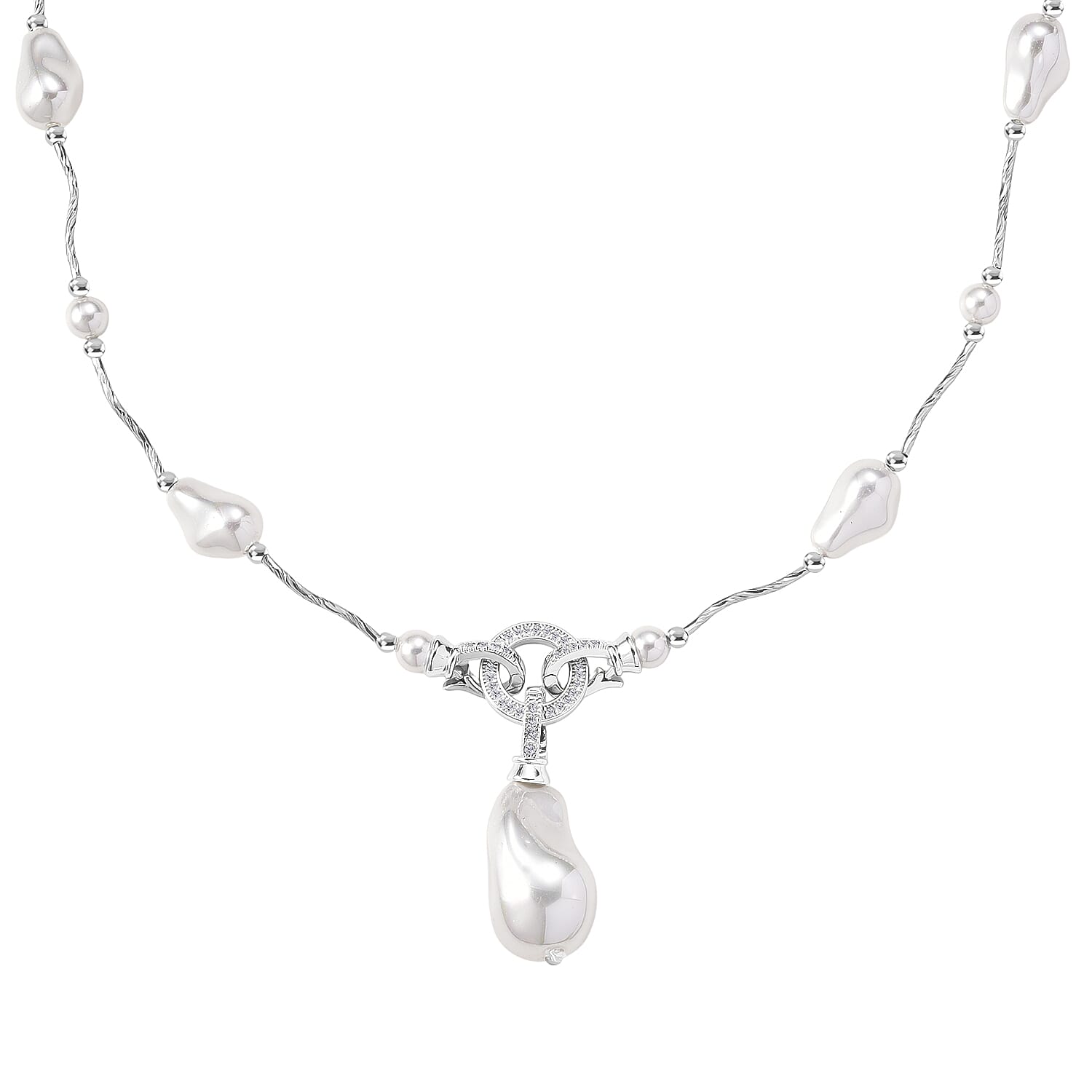 White Shell Pearl & White Cubic Zirconia Necklace (Size 24) in Silver Tone