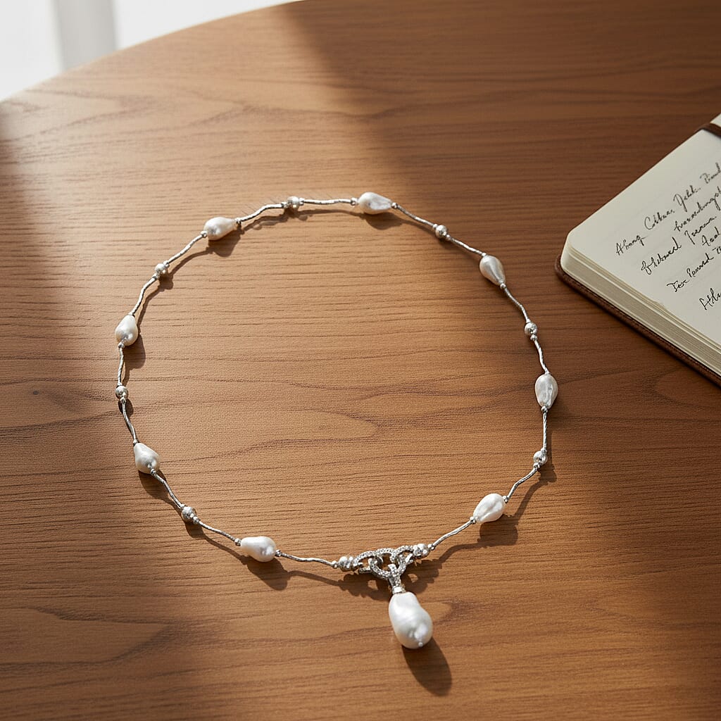 White Shell Pearl & White Cubic Zirconia Necklace (Size 24) in Silver Tone