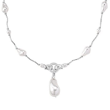 White Shell Pearl & White Cubic Zirconia Necklace (Size 24) in Silver Tone