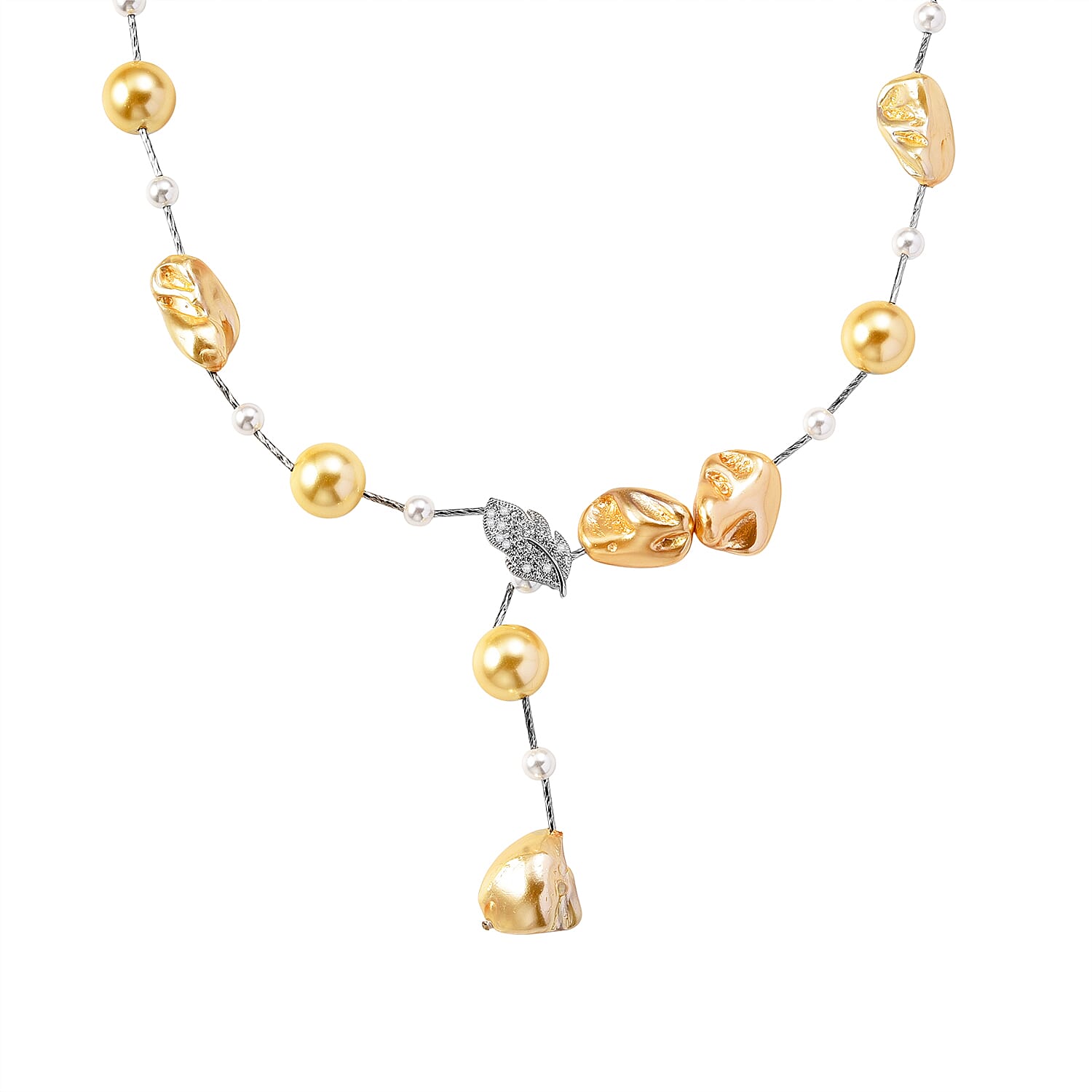 Golden Shell Pearl, White Cubic Zirconia & White Shell Pearl Necklace (Size 27.5 Adjustable) in Silver Tone