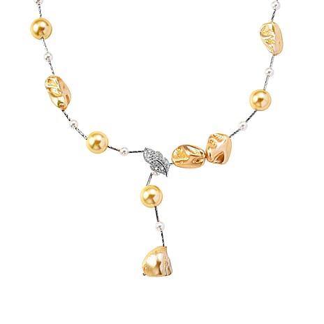 Golden Shell Pearl, White Cubic Zirconia & White Shell Pearl Necklace (Size 27.5 Adjustable) in Silver Tone