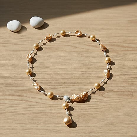 Golden Shell Pearl, White Cubic Zirconia & White Shell Pearl Necklace (Size 27.5 Adjustable) in Silver Tone