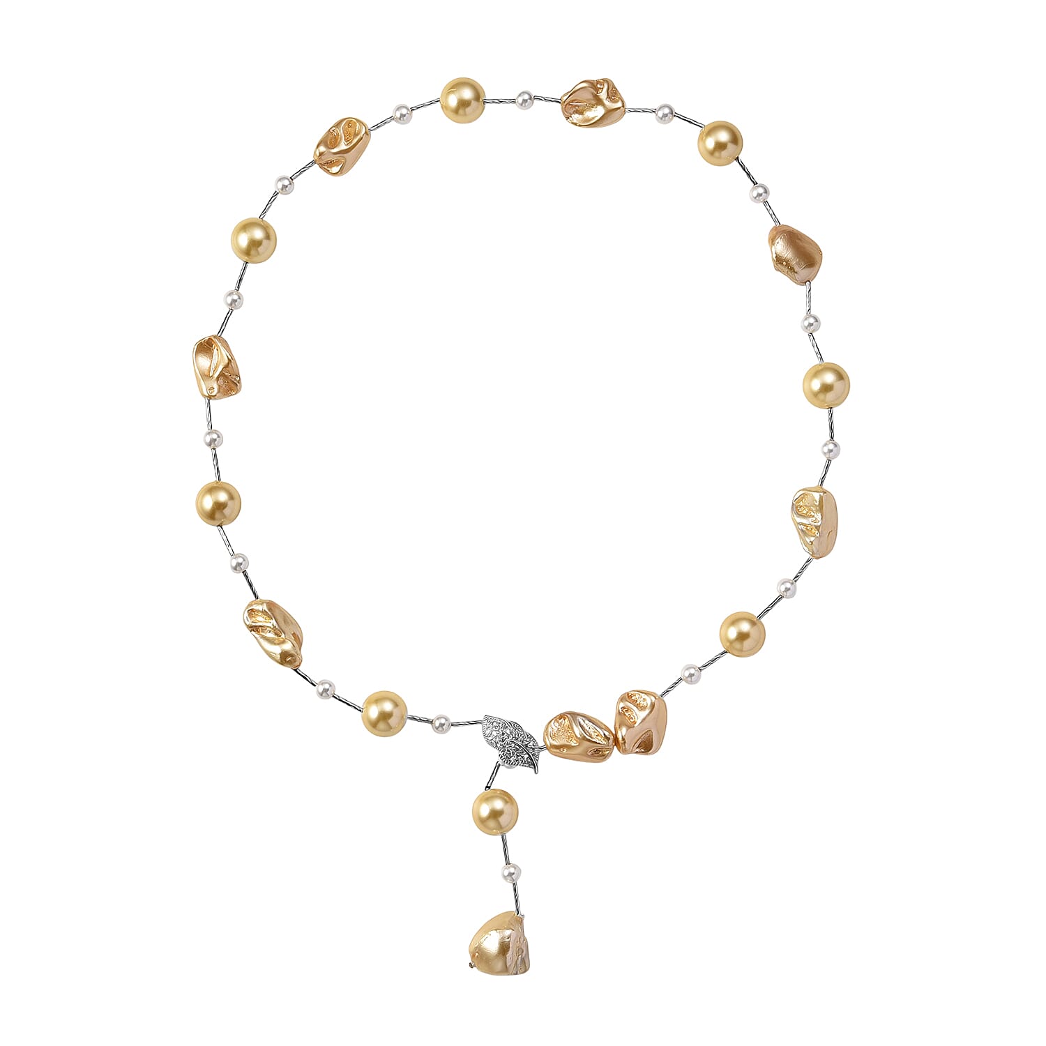 Golden Shell Pearl, White Cubic Zirconia & White Shell Pearl Necklace (Size 27.5 Adjustable) in Silver Tone