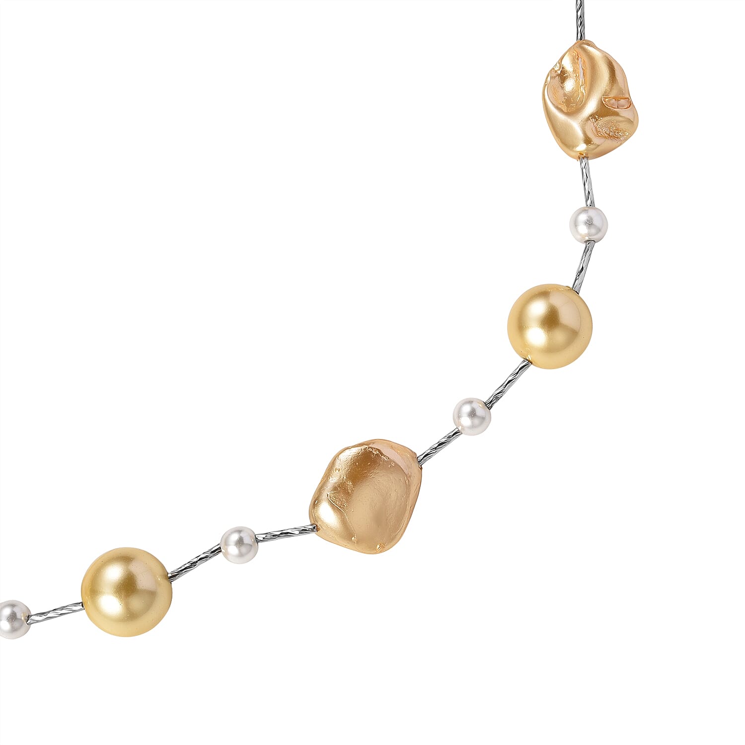 Golden Shell Pearl, White Cubic Zirconia & White Shell Pearl Necklace (Size 27.5 Adjustable) in Silver Tone