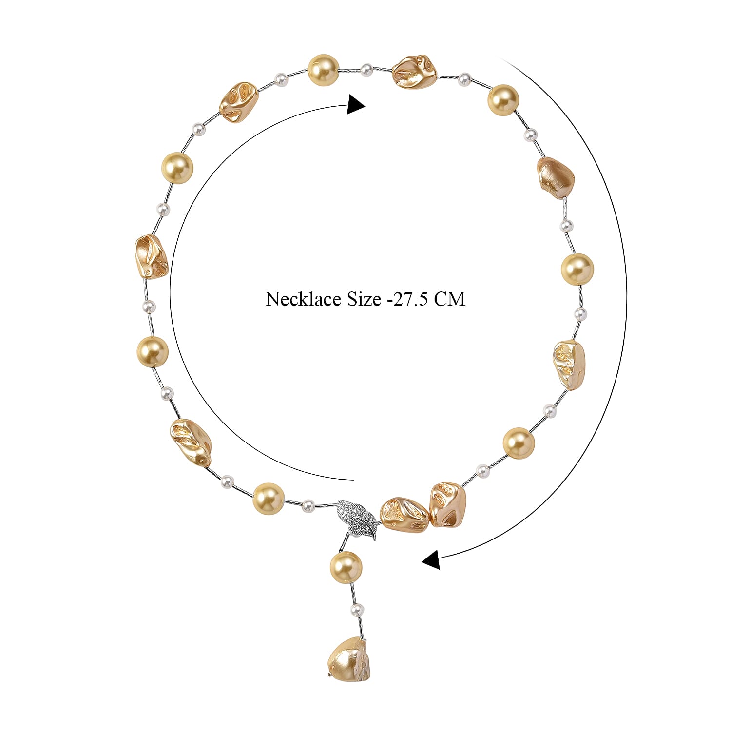 Golden Shell Pearl, White Cubic Zirconia & White Shell Pearl Necklace (Size 27.5 Adjustable) in Silver Tone