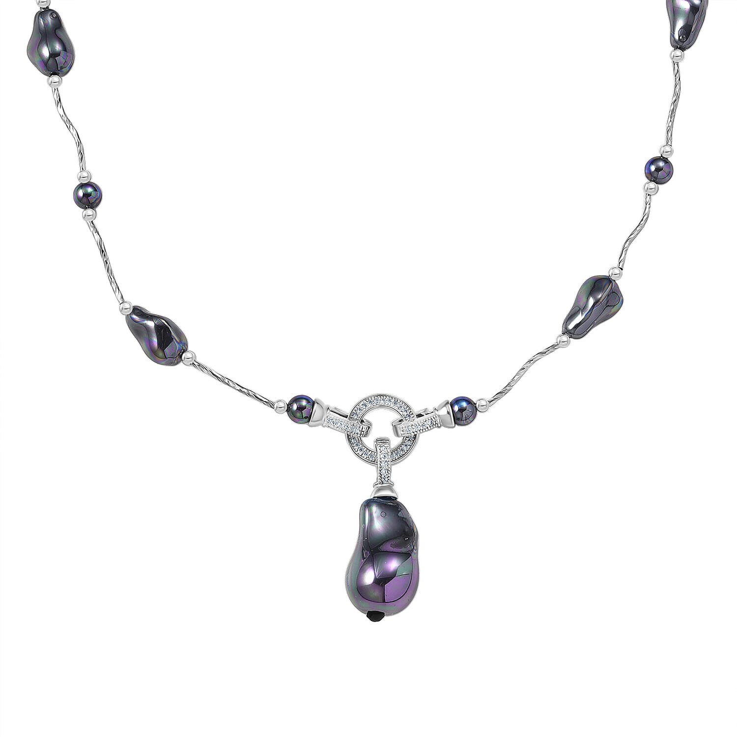 Peacock Colour Shell Pearl, White Cubic Zirconia Necklace (Size 24) in Silver Tone