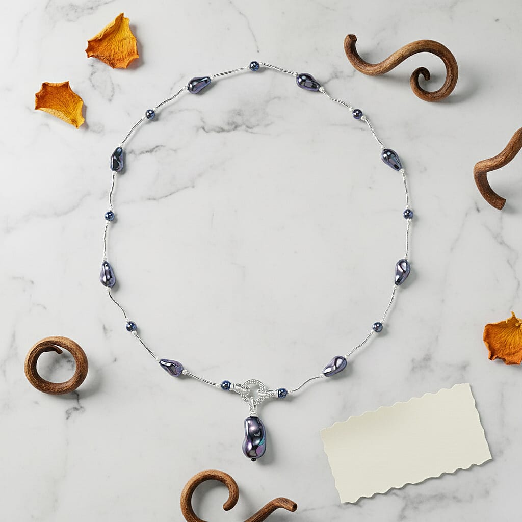 Peacock Colour Shell Pearl, White Cubic Zirconia Necklace (Size 24) in Silver Tone