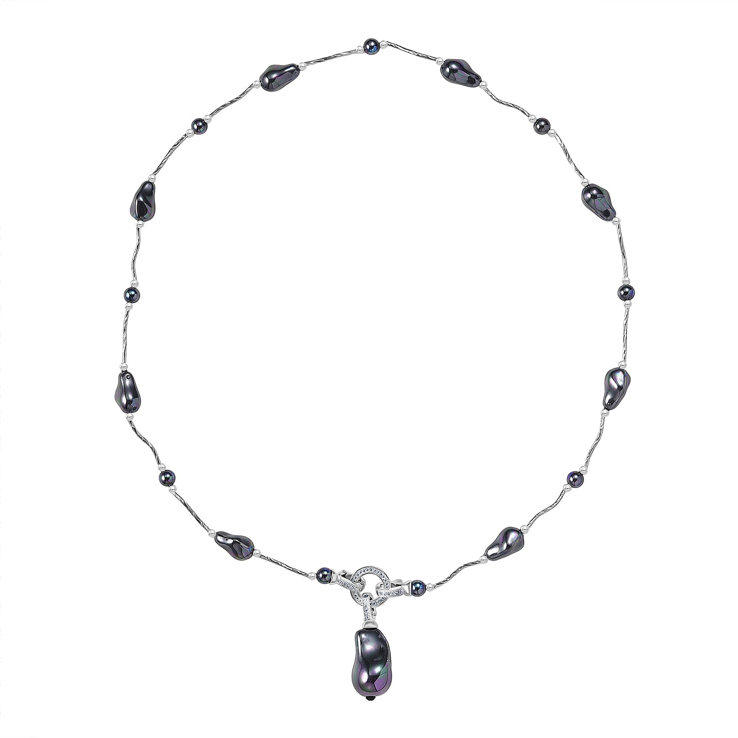 Peacock Colour Shell Pearl, White Cubic Zirconia Necklace (Size 24) in Silver Tone