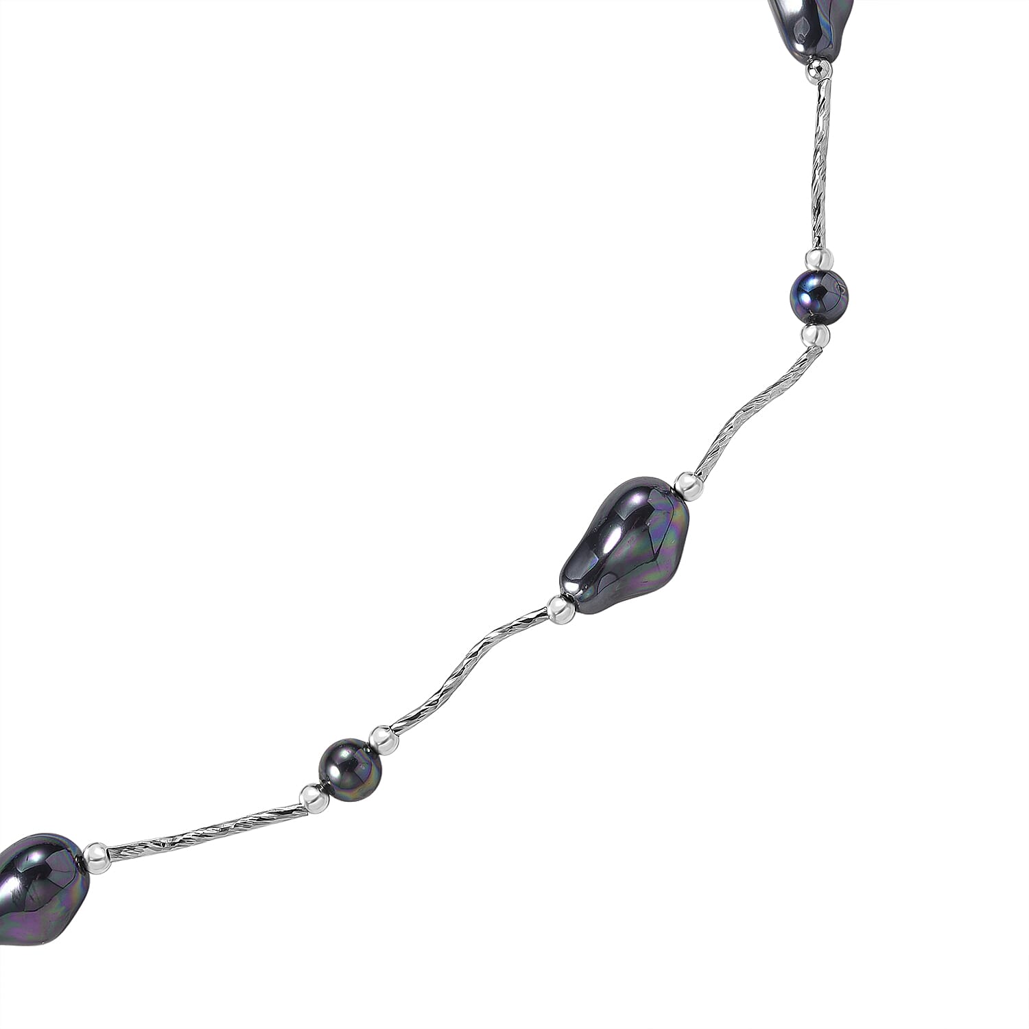 Peacock Colour Shell Pearl, White Cubic Zirconia Necklace (Size 24) in Silver Tone