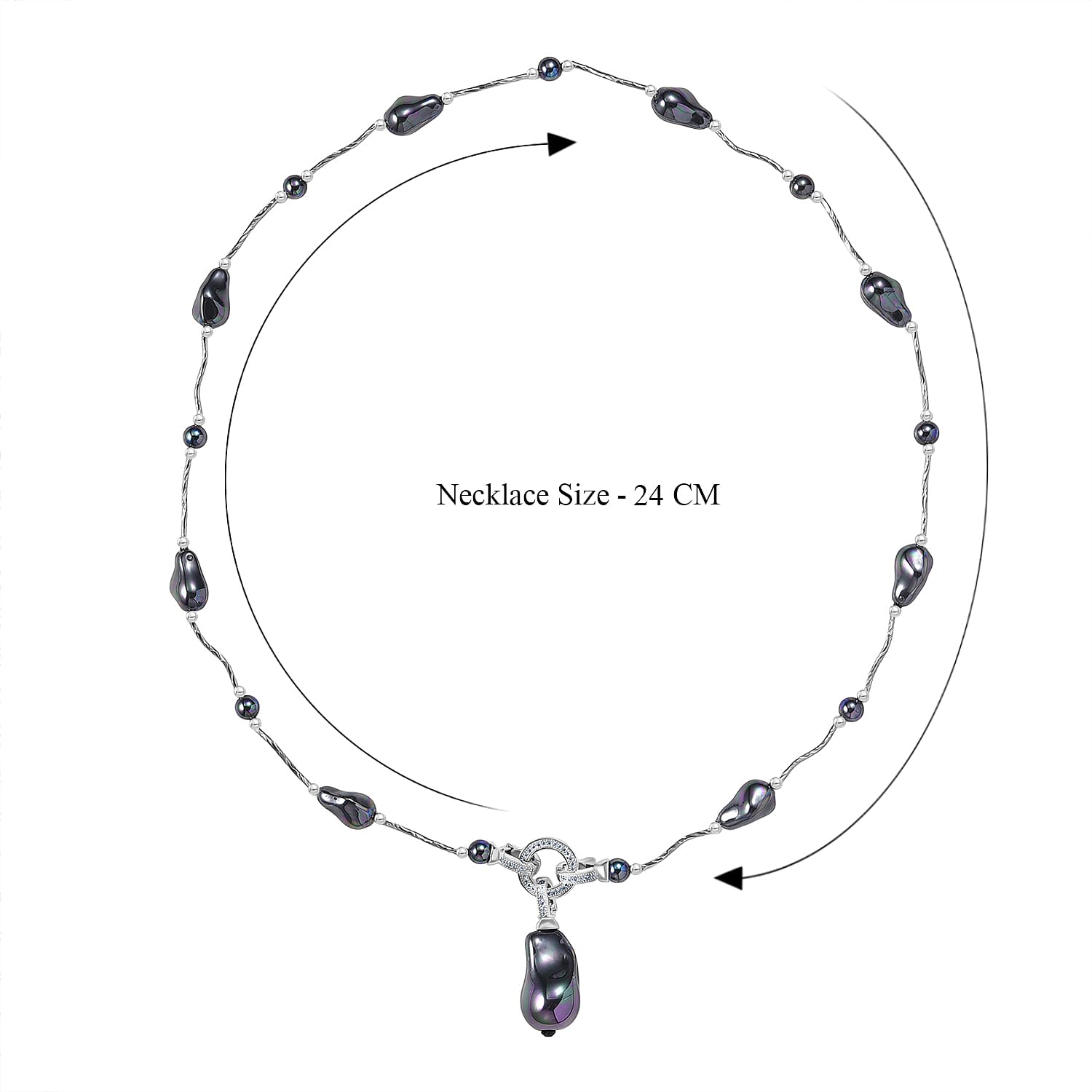 Peacock Colour Shell Pearl, White Cubic Zirconia Necklace (Size 24) in Silver Tone