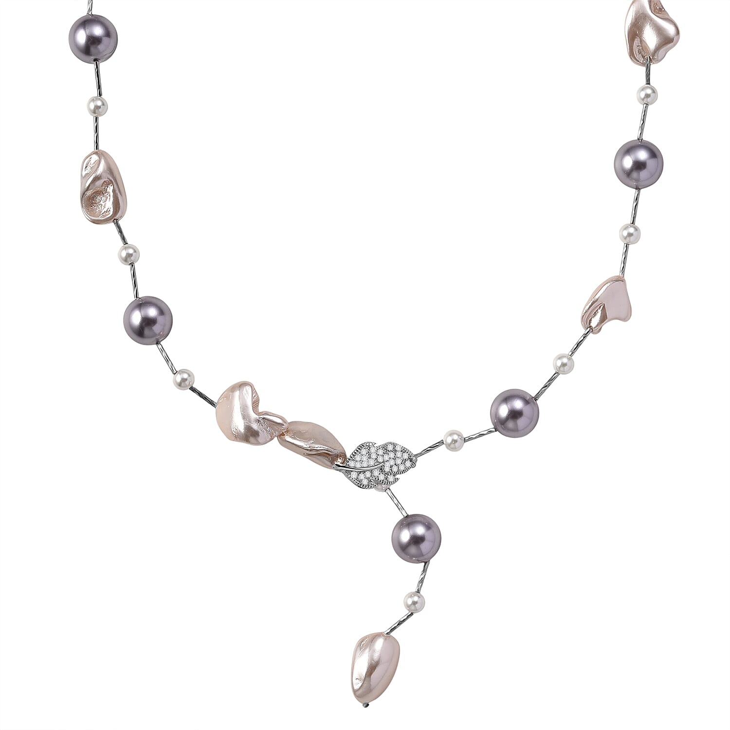 Multi Colour Shell Pearl & White Cubic Zirconia Necklace (Size 27.5 Adjustable) in Silver Tone