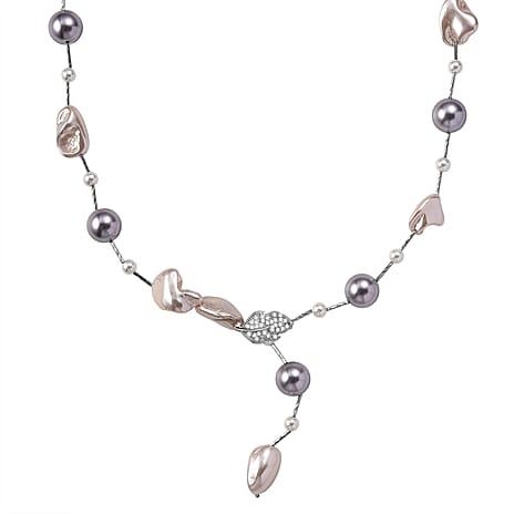 Multi Colour Shell Pearl & White Cubic Zirconia Necklace (Size 27.5 Adjustable) in Silver Tone