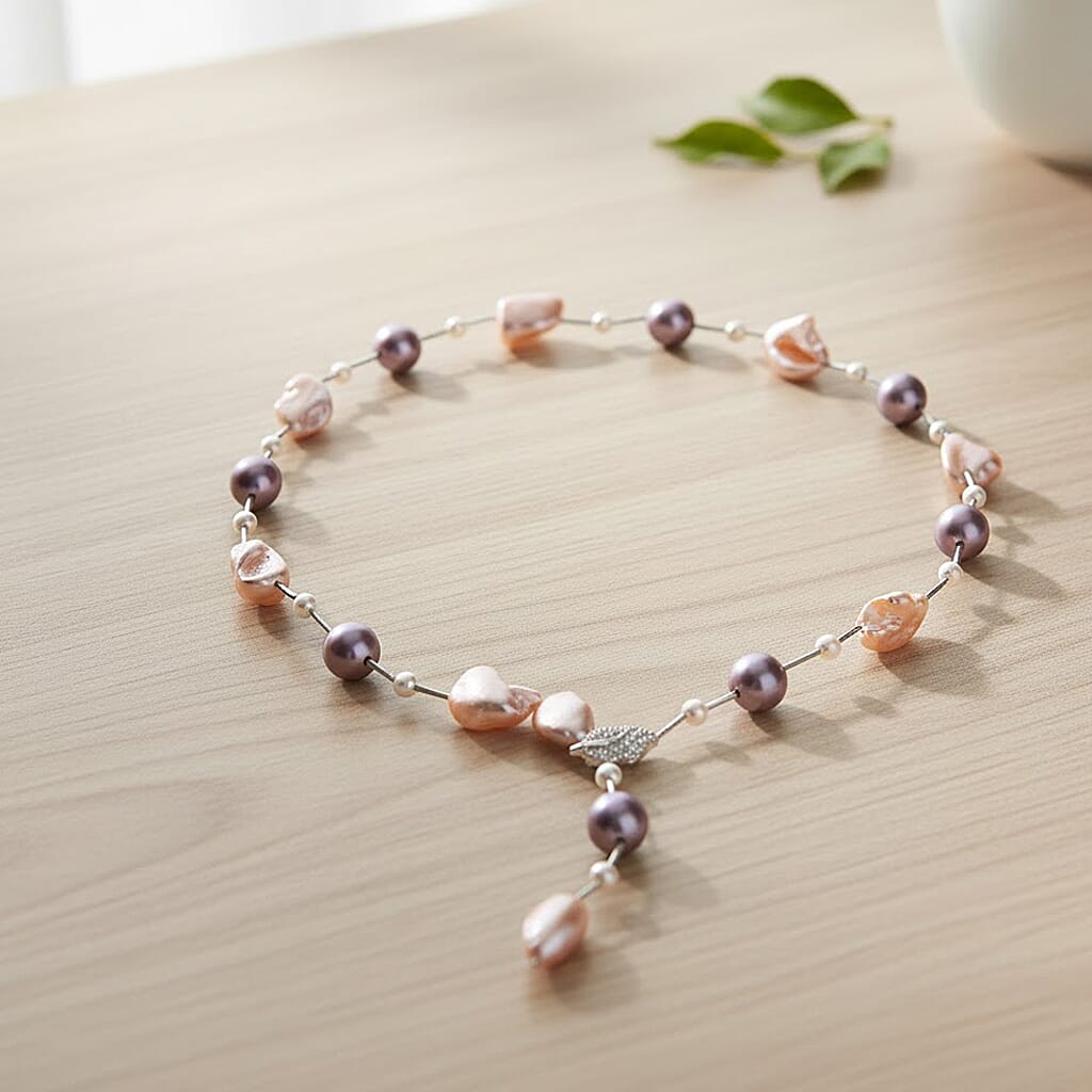 Multi Colour Shell Pearl & White Cubic Zirconia Necklace (Size 27.5 Adjustable) in Silver Tone