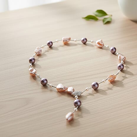 Multi Colour Shell Pearl & White Cubic Zirconia Necklace (Size 27.5 Adjustable) in Silver Tone