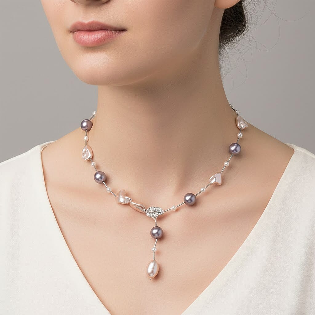 Multi Colour Shell Pearl & White Cubic Zirconia Necklace (Size 27.5 Adjustable) in Silver Tone