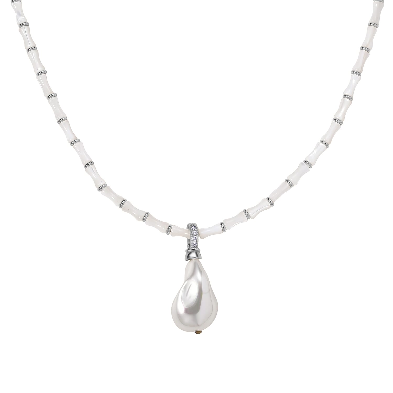 White Shell Pearl & White Cubic Zirconia Necklace (Size 20 - 2 Ext)
