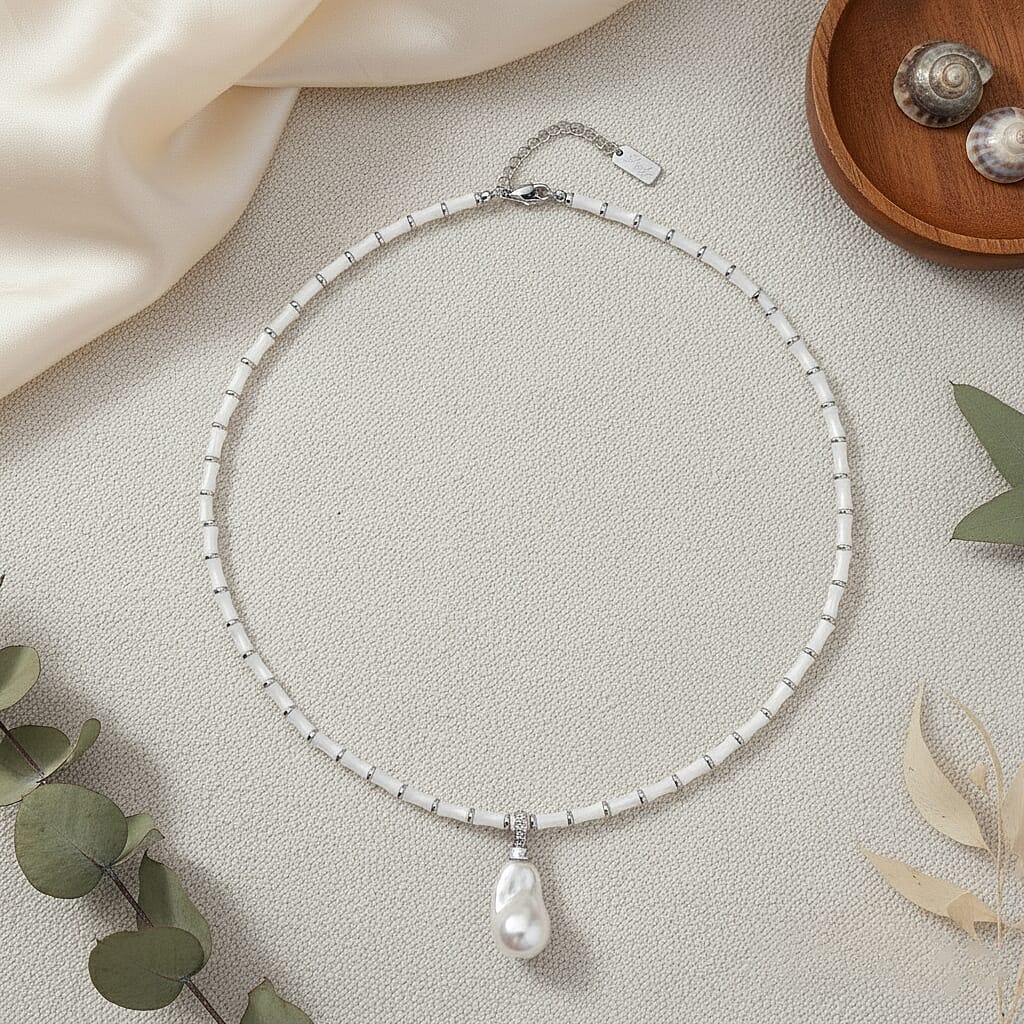 White Shell Pearl & White Cubic Zirconia Necklace (Size 20 - 2 Ext)