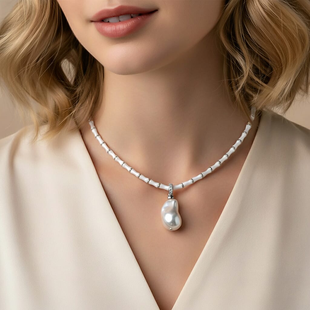 White Shell Pearl & White Cubic Zirconia Necklace (Size 20 - 2 Ext)