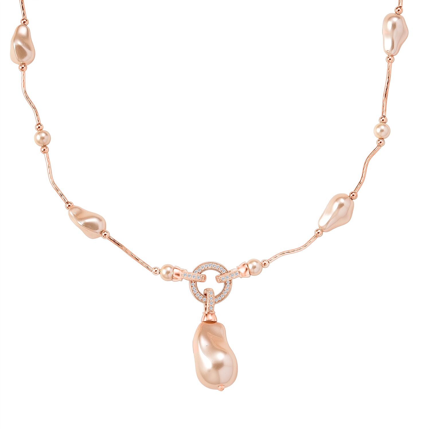 Peach Colour Shell Pearl & White Cubic Zirconia Necklace (Size 24) in Rose Gold Plated
