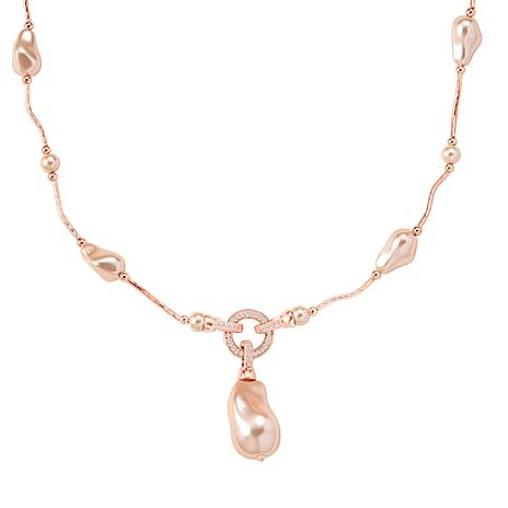 Peach Colour Shell Pearl & White Cubic Zirconia Necklace (Size 24) in Rose Gold Plated