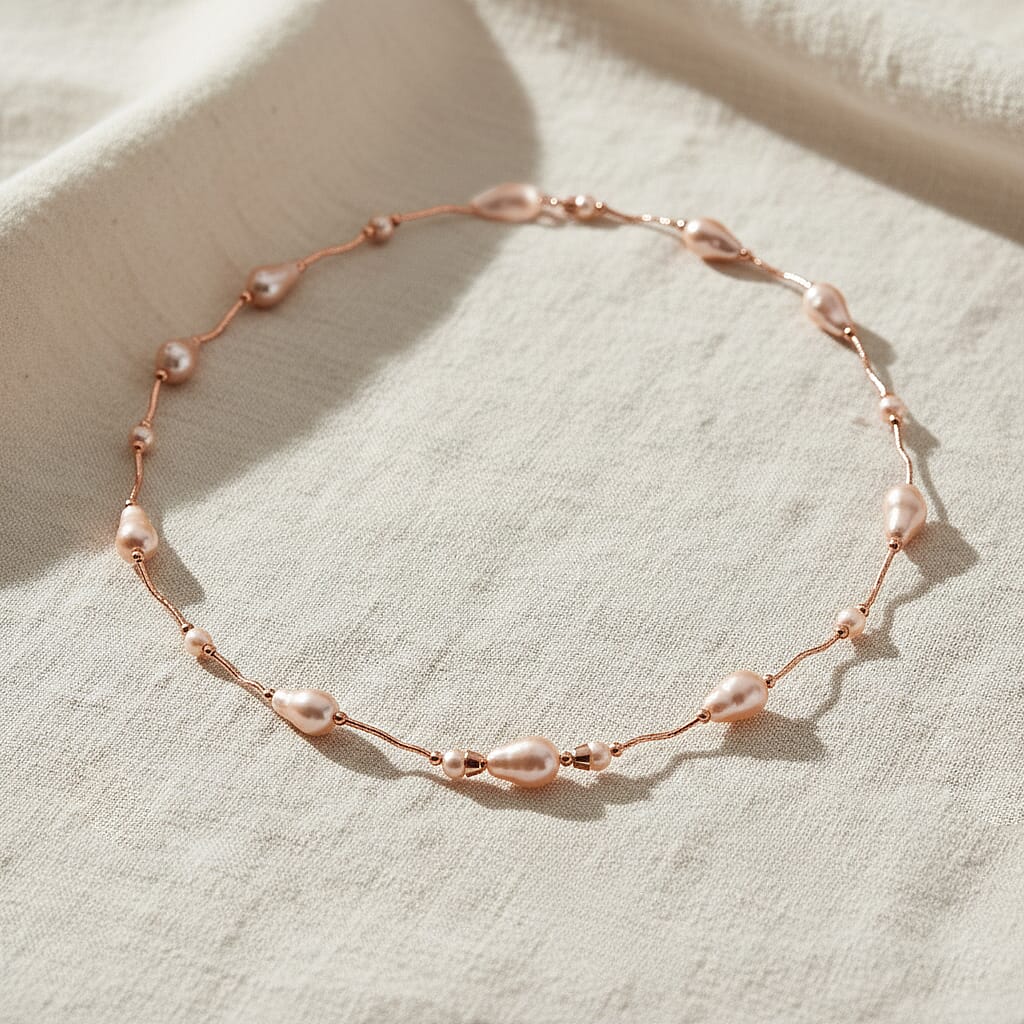 Peach Colour Shell Pearl & White Cubic Zirconia Necklace (Size 24) in Rose Gold Plated