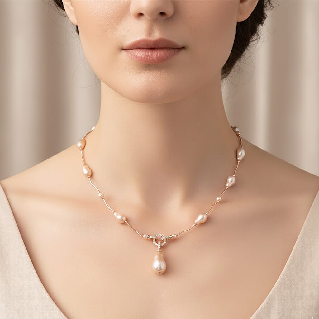 Peach Colour Shell Pearl & White Cubic Zirconia Necklace (Size 24) in Rose Gold Plated
