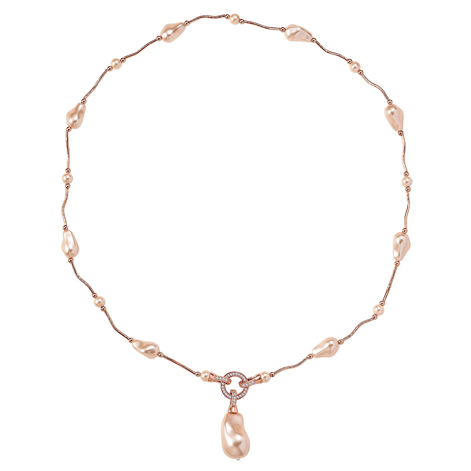 Peach Colour Shell Pearl & White Cubic Zirconia Necklace (Size 24) in Rose Gold Plated