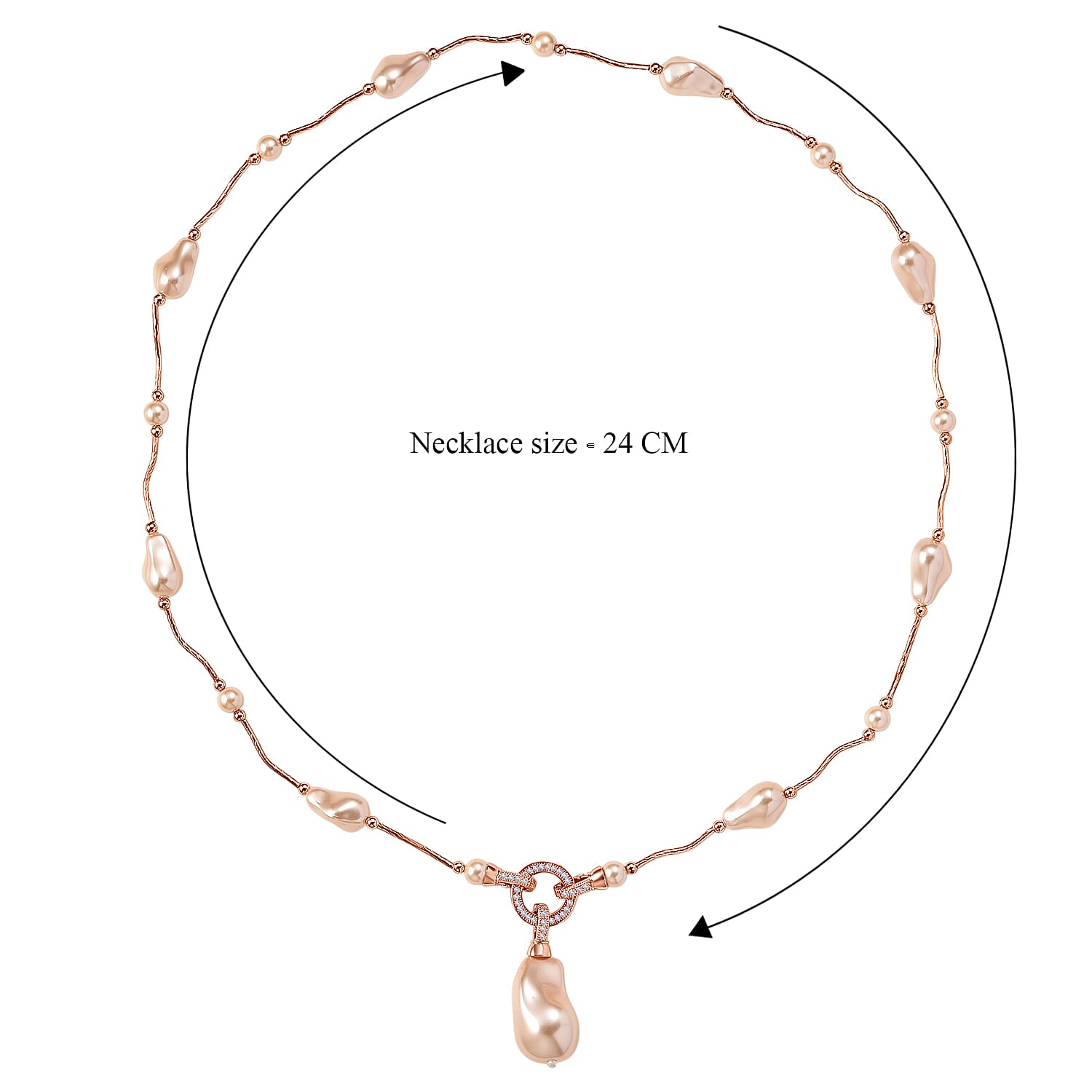 Peach Colour Shell Pearl & White Cubic Zirconia Necklace (Size 24) in Rose Gold Plated