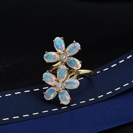 D'Joy Ethiopian Opal & Moissanite Ring in Yellow Gold Plated Sterling Silver 2.61 Ct.