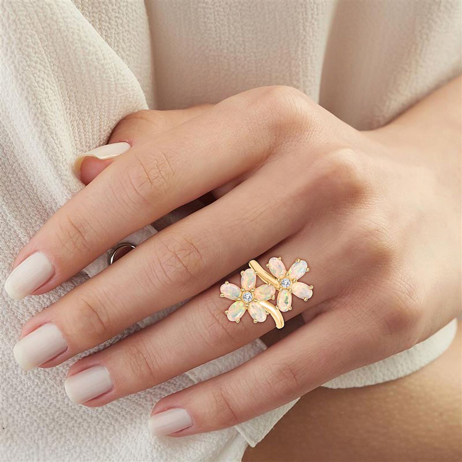 D'Joy Ethiopian Opal & Moissanite Ring in Yellow Gold Plated Sterling Silver 2.61 Ct.