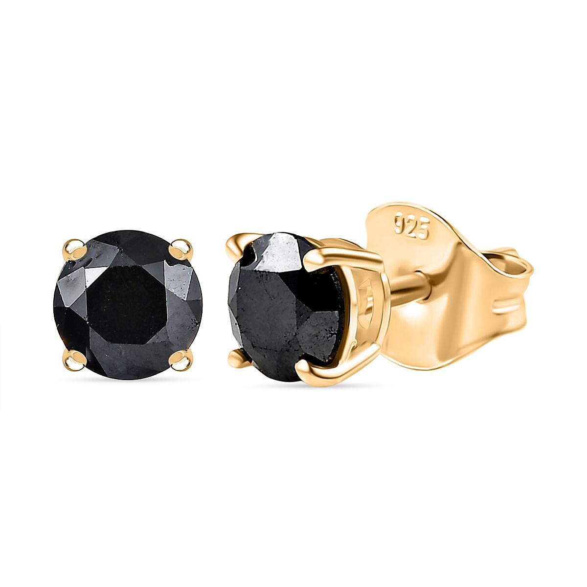 D'Joy Black Diamond Solitaire Stud Push Post Earring in 18K Vermeil Yellow Gold Plated Sterling Silver 1.01 Ct.