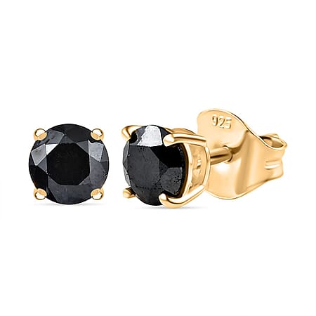 D'Joy Black Diamond Solitaire Stud Push Post Earring in 18K Vermeil Yellow Gold Plated Sterling Silver 1.01 Ct.
