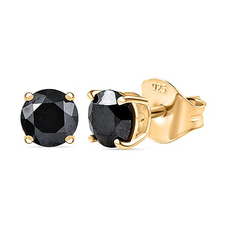 D'Joy Black Diamond Solitaire Stud Push Post Earring in 18K Vermeil Yellow Gold Plated Sterling Silver 1.01 Ct.