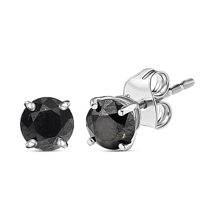 D'Joy Black Diamond Solitaire Stud Push Post Earring in Rhodium Overlay Sterling Silver 1.02 Ct.