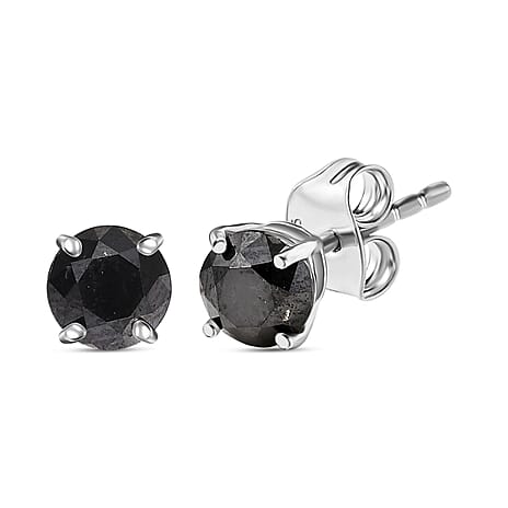 D'Joy Black Diamond Solitaire Stud Push Post Earring in Rhodium Overlay Sterling Silver 1.02 Ct.