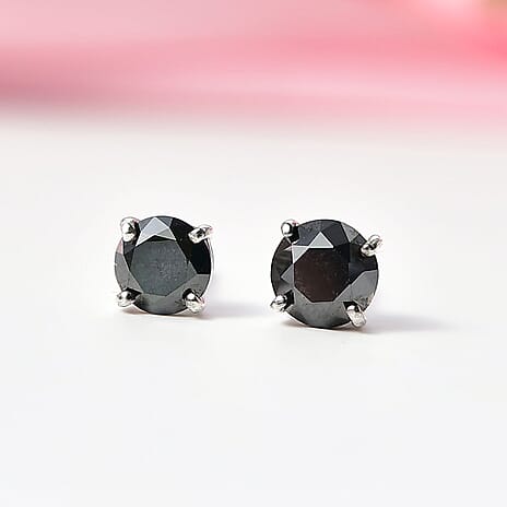 D'Joy Black Diamond Solitaire Stud Push Post Earring in Rhodium Overlay Sterling Silver 1.02 Ct.