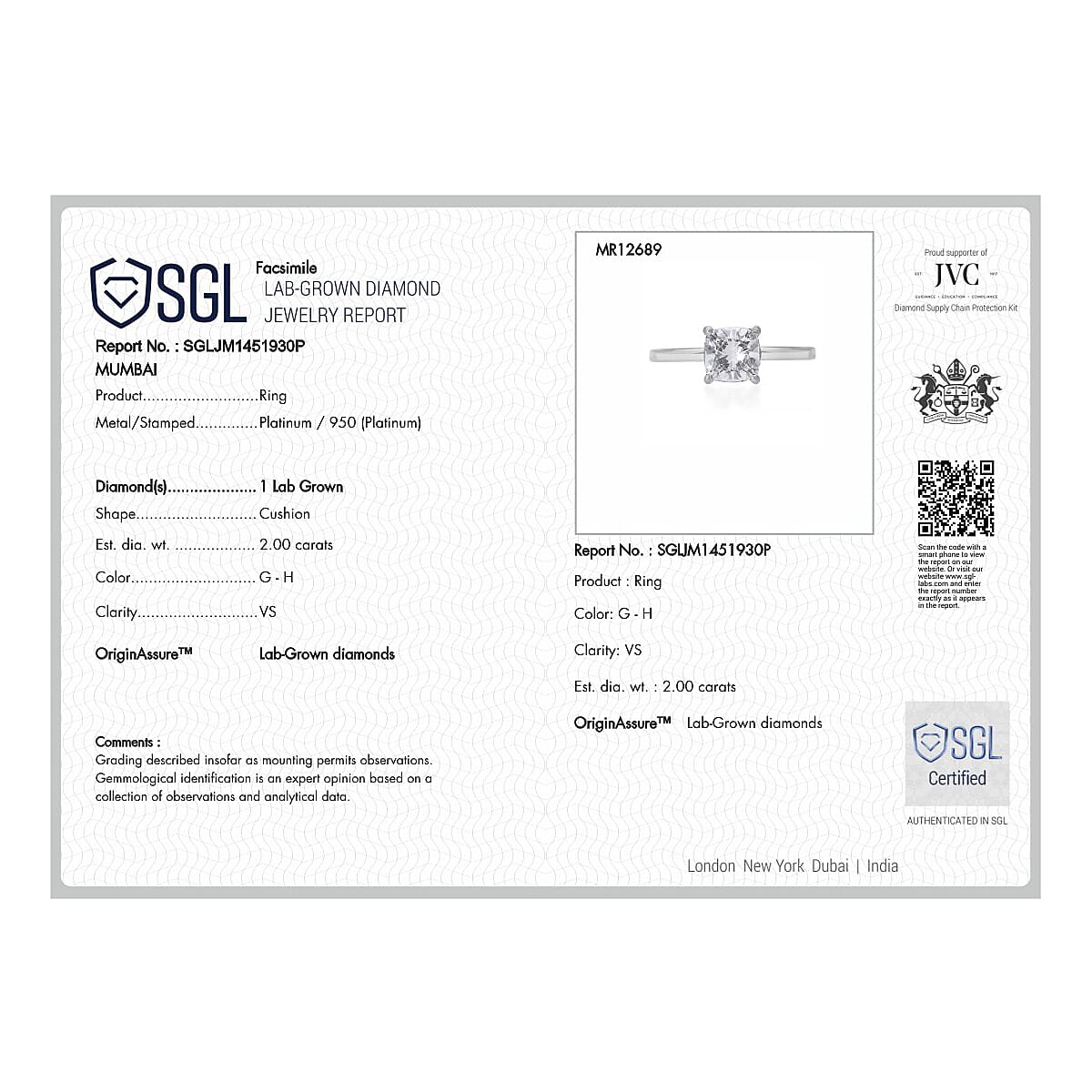 LUXURIANT 2 Carat Lab Grown Diamond Solitaire Ring in 950 Platinum