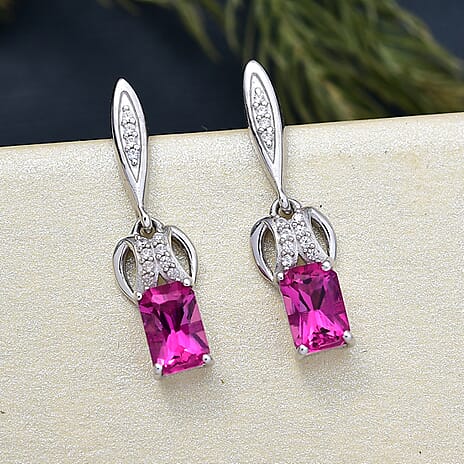 Luxuriant Lab Grown Bixbite & White Zircon Dangling Earring with Push Back in Platinum Overlay Sterling Silver