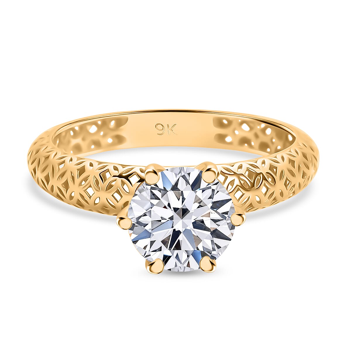 9K Yellow Gold Moissanite Solitaire Mirage Ring 1.76 Ct.