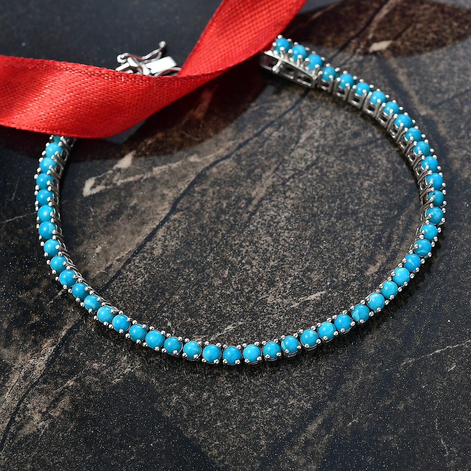 D'Joy Sleeping Beauty Turquoise Tennis Bracelet (Size 7.5) in Rhodium Overlay Sterling Silver 5.79 Ct, Silver Wt. 10.48 Gms.