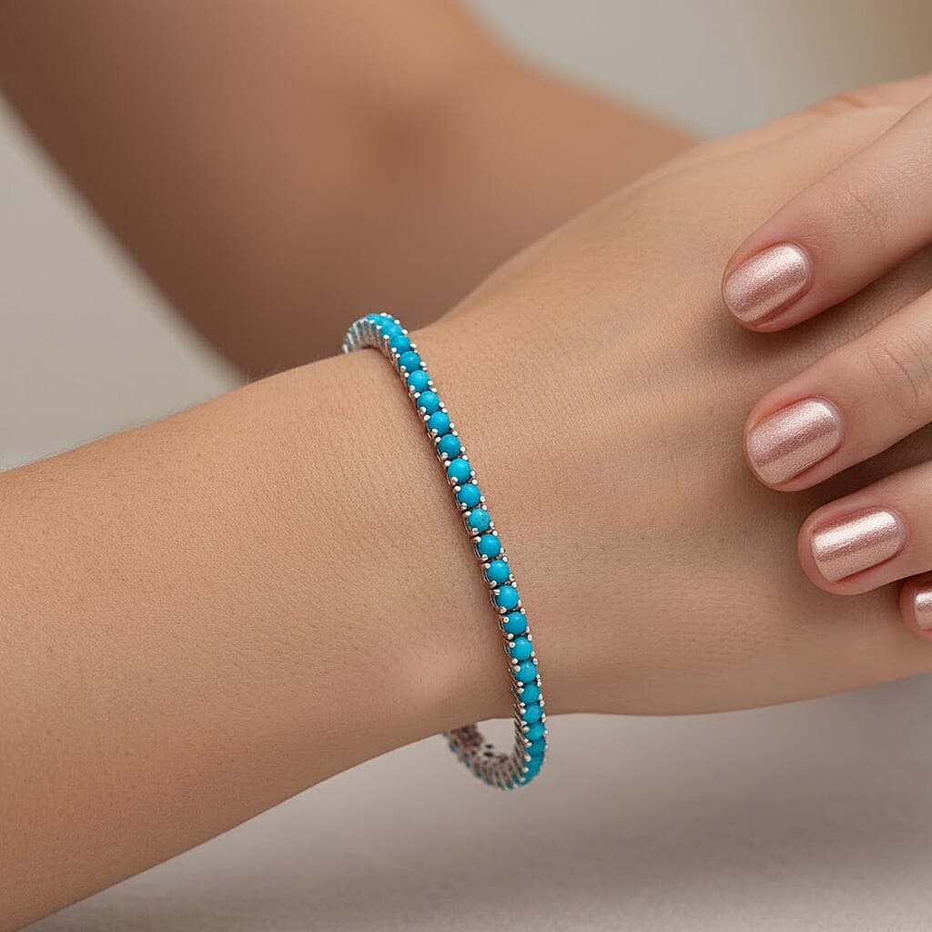 D'Joy Sleeping Beauty Turquoise Tennis Bracelet (Size 8)  in Rhodium Overlay Sterling Silver 7.97 Ct, Silver Wt. 11.00 Gms.